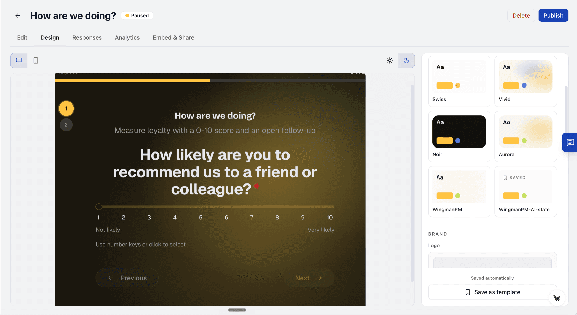 Wingman survey designer with brand theme presets and a live NPS preview.