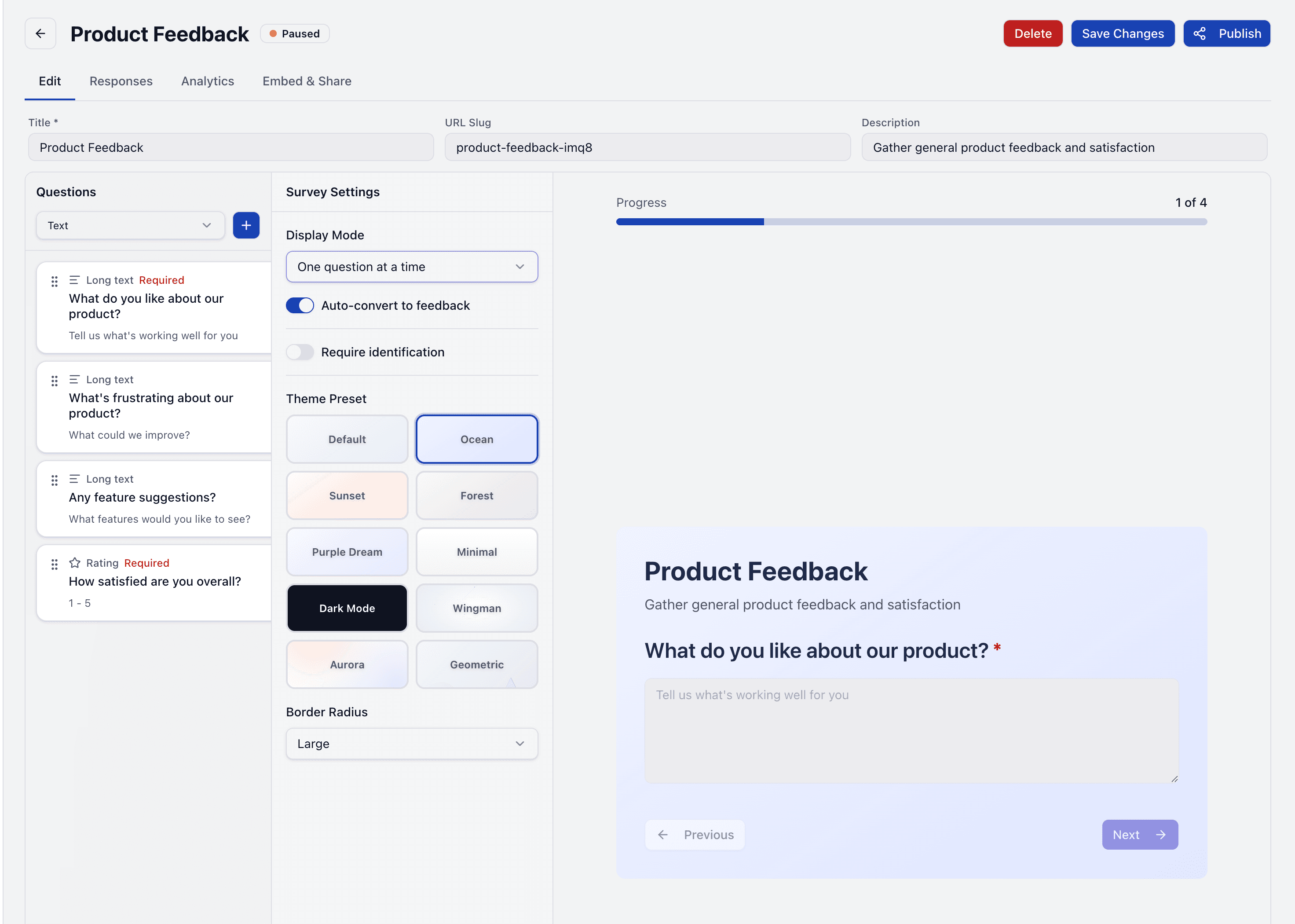 WingmanPM survey editor with questions, settings and a live preview