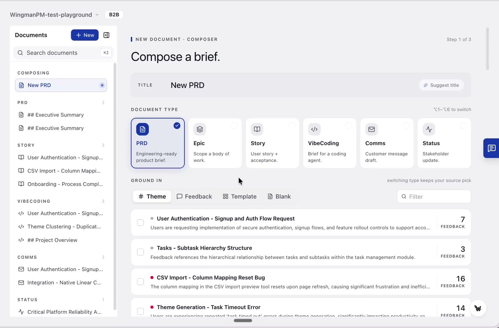Document composer with PRD, Epic, Story, VibeCoding, Comms and Status types