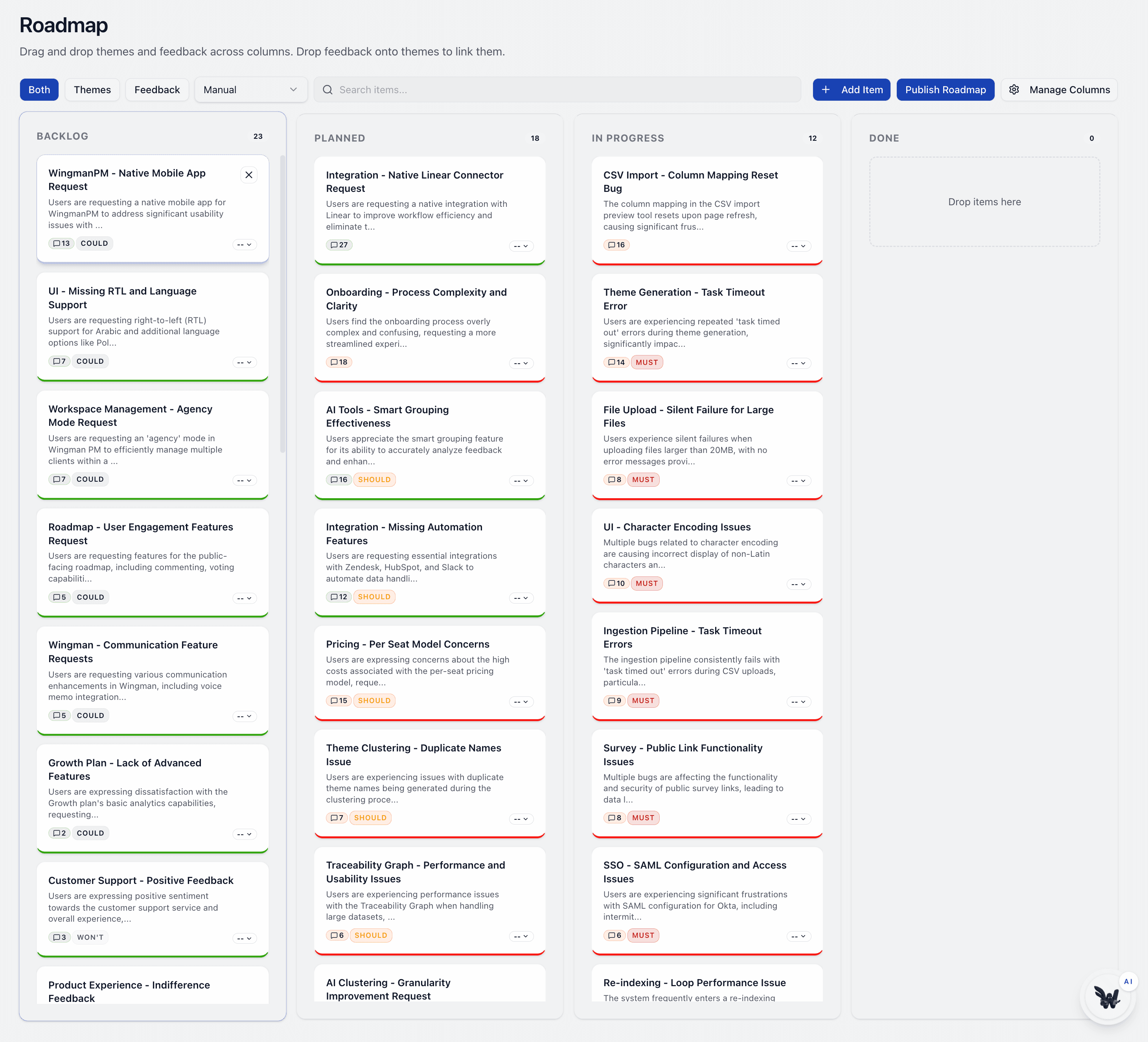 Wingman public roadmap, drag and drop from idea to shipped.