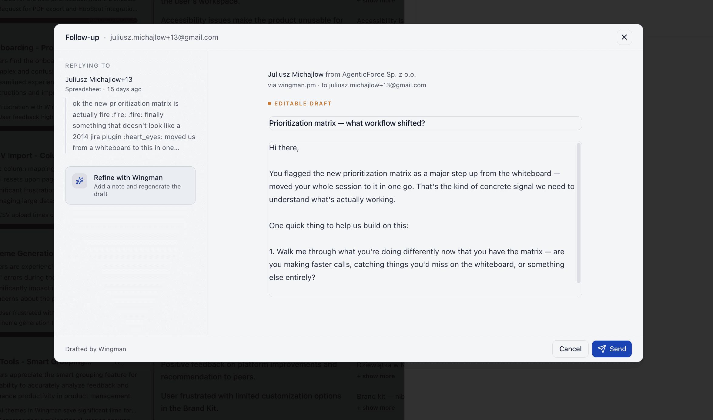 Wingman clarifying-question email threaded to the original feedback.