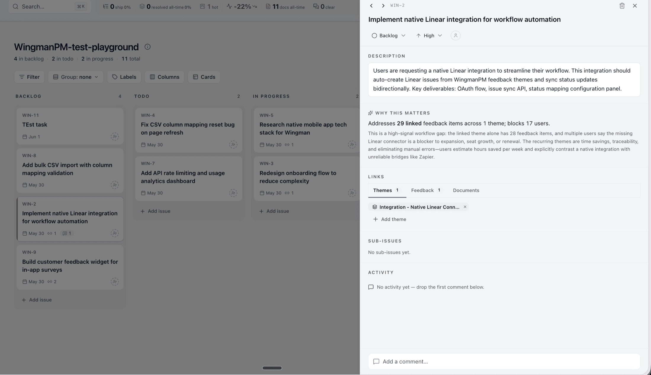 Wingman Work Board issue with 29 linked feedback reports and a why-this-matters brief.